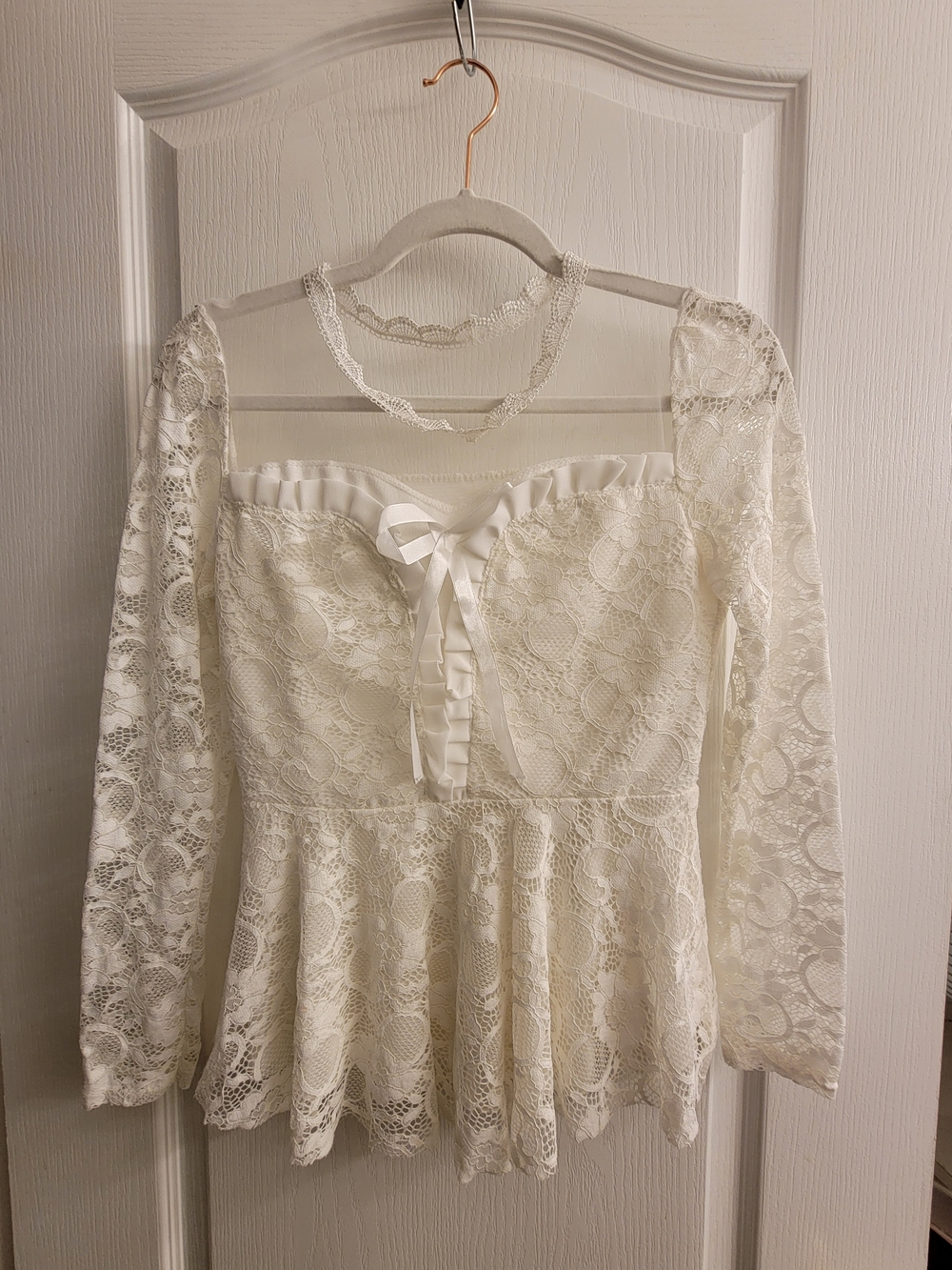 Lace Peplum Long-Sleeve Top with Ribbon Detail - White